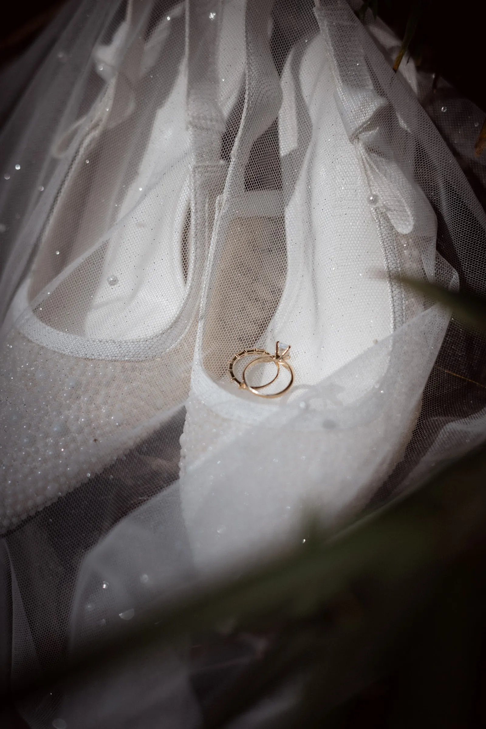 Zapatillas de la novia junto a los anillos